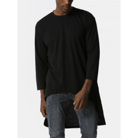 Mens Solid Color Asymmetrical High-low Hem Long Sleeve Casual T-Shirts