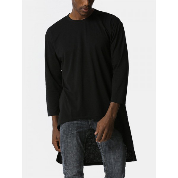 Mens Solid Color Asymmetrical High-low Hem Long Sleeve Casual T-Shirts 