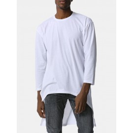 Mens Solid Color Asymmetrical High-low Hem Long Sleeve Casual T-Shirts