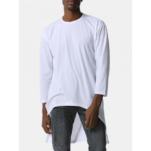 Mens Solid Color Asymmetrical High-low Hem Long Sleeve Casual T-Shirts 