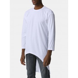 Mens Solid Color Asymmetrical High-low Hem Long Sleeve Casual T-Shirts