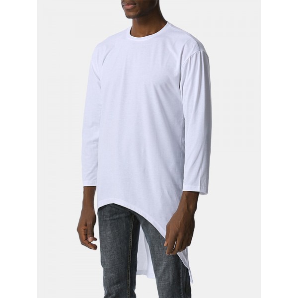 Mens Solid Color Asymmetrical High-low Hem Long Sleeve Casual T-Shirts 