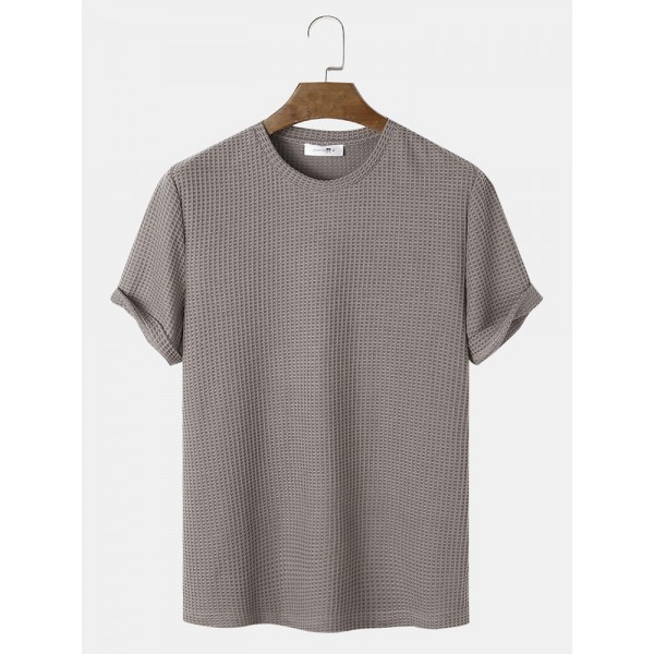 Mens Plain Texture Knitted Waffle Short Sleeve T-Shirt 