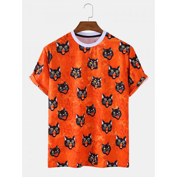 Mens Halloween Style Cat Cartoon Round Neck Short Sleeve Casual T-Shirts