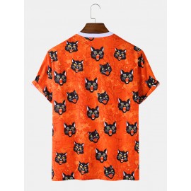 Mens Halloween Style Cat Cartoon Round Neck Short Sleeve Casual T-Shirts