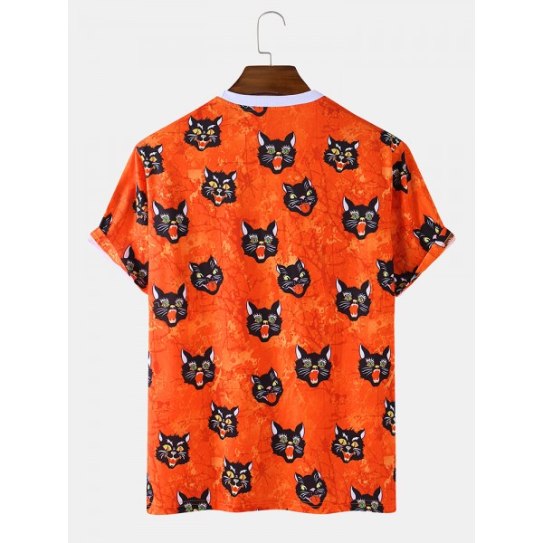 Mens Halloween Style Cat Cartoon Round Neck Short Sleeve Casual T-Shirts 