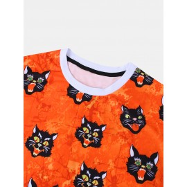 Mens Halloween Style Cat Cartoon Round Neck Short Sleeve Casual T-Shirts