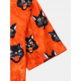 Mens Halloween Style Cat Cartoon Round Neck Short Sleeve Casual T-Shirts