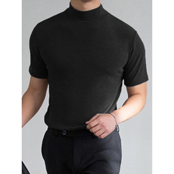 Mens High Neck Slim Fit Muscle Workout Summer Casual T-shirt 