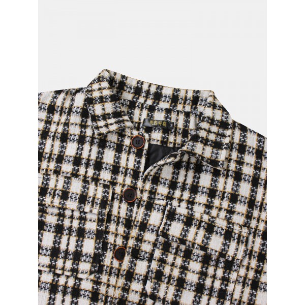 Mens Plaid Double Pockets Woolen Thick Button Lapel Casual Jacket 