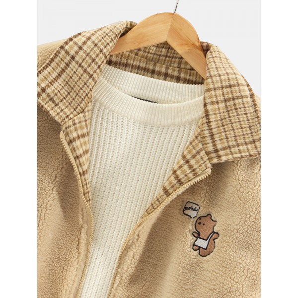 Mens Plaid Bear Letter Embroidered Lapel Reversible Fleece Casual Jacket 