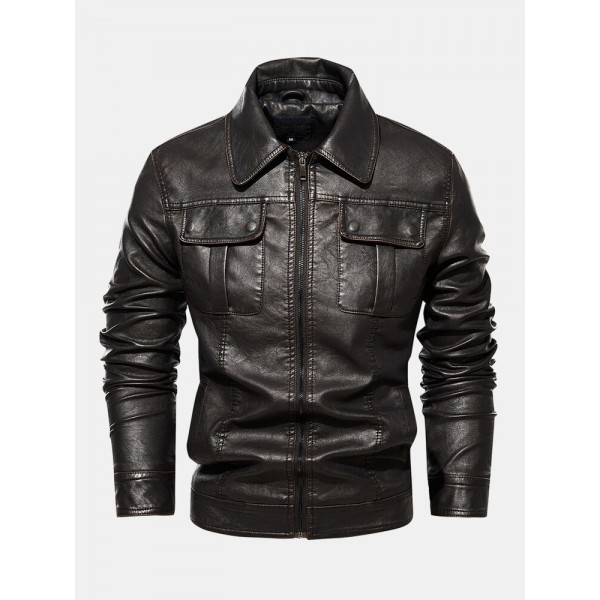 Men Zipper Lapel Pockets PU Leather Motorcycle Jackets 