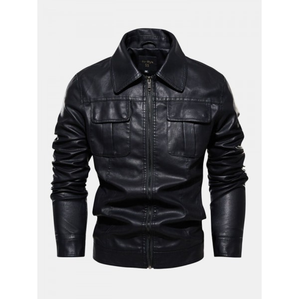 Men Zipper Lapel Pockets PU Leather Motorcycle Jackets 