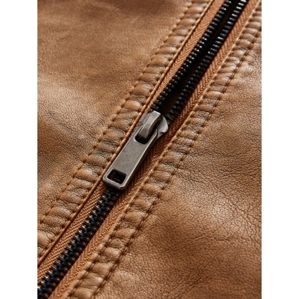 Men Zipper Lapel Pockets PU Leather Motorcycle Jackets 