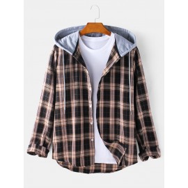 Mens Tartan Button Up Long Sleeve Casual Loose Drawstring Hooded Jacket