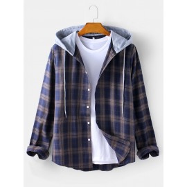 Mens Tartan Button Up Long Sleeve Casual Loose Drawstring Hooded Jacket