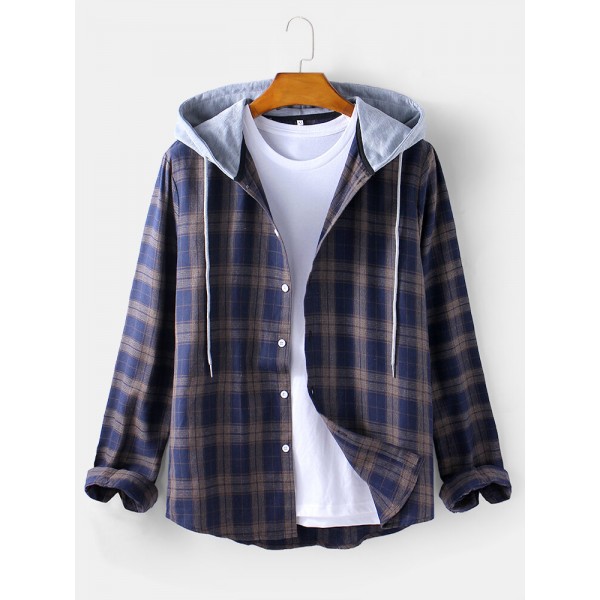 Mens Tartan Button Up Long Sleeve Casual Loose Drawstring Hooded Jacket 