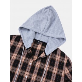 Mens Tartan Button Up Long Sleeve Casual Loose Drawstring Hooded Jacket