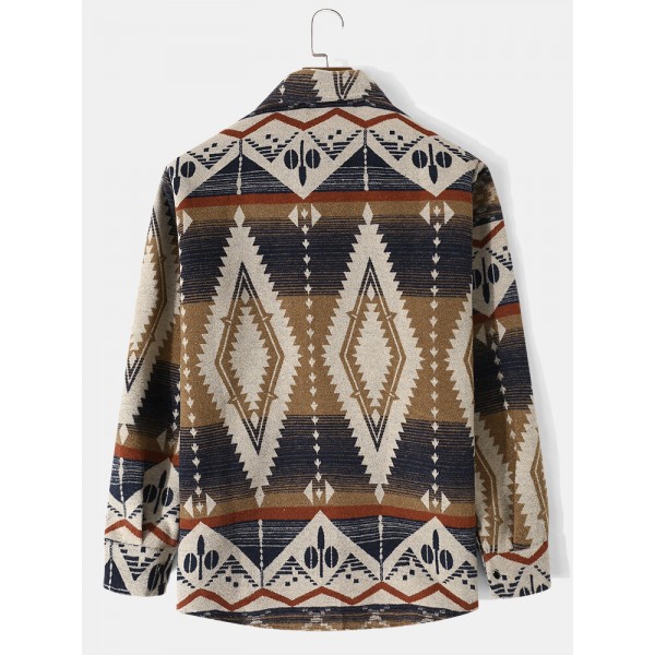 Men Woolen Geometric Retro Ethnic Button Winter Casual Coats Jackets 