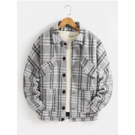 Mens Plaid Button Up Warm Long Sleeve Pocket Woolen Jacket