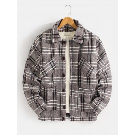 Mens Plaid Button Up Warm Long Sleeve Pocket Woolen Jacket