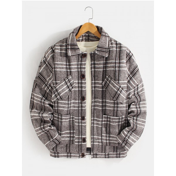 Mens Plaid Button Up Warm Long Sleeve Pocket Woolen Jacket 