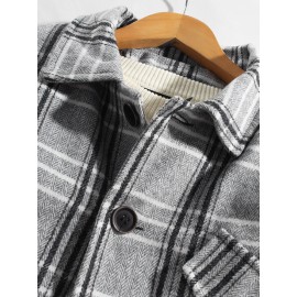 Mens Plaid Button Up Warm Long Sleeve Pocket Woolen Jacket