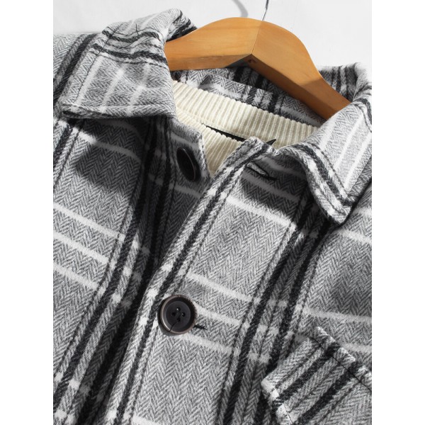 Mens Plaid Button Up Warm Long Sleeve Pocket Woolen Jacket 