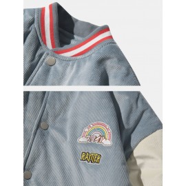 Mens Corduroy Patchwork  Rainbow & Letter Graphics Baseball Collar Jacket With Pocket