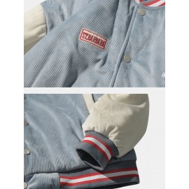 Mens Corduroy Patchwork  Rainbow & Letter Graphics Baseball Collar Jacket With Pocket