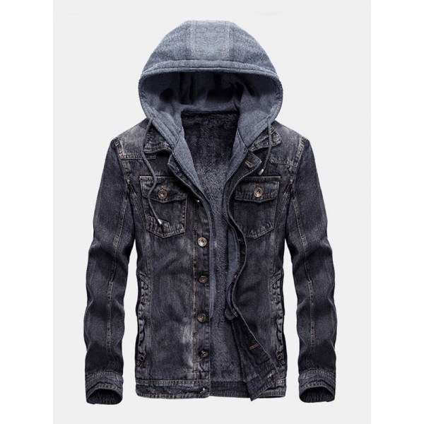 Mens Cotton Washed Warm Fleece Lined Hooded Denim Jacket