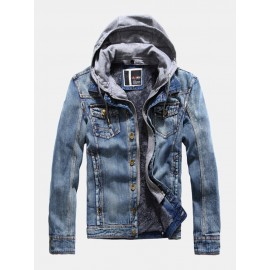 Mens Cotton Washed Warm Fleece Lined Hooded Denim Jacket