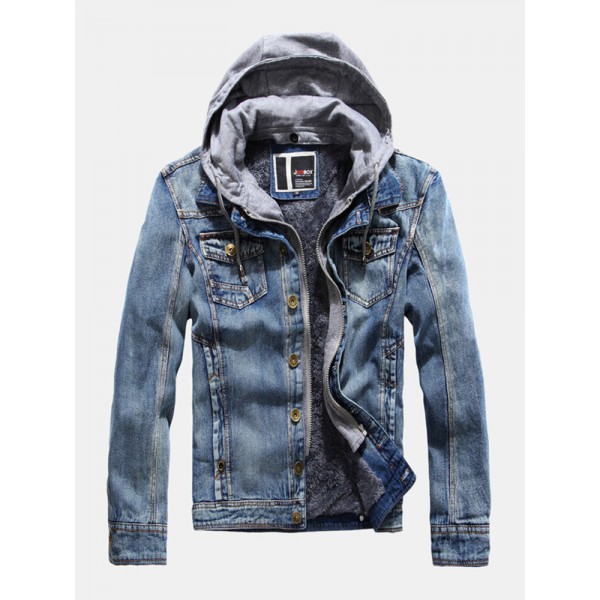 Mens Cotton Washed Warm Fleece Lined Hooded Denim Jacket 