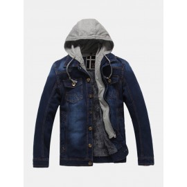 Mens Cotton Washed Warm Fleece Lined Hooded Denim Jacket