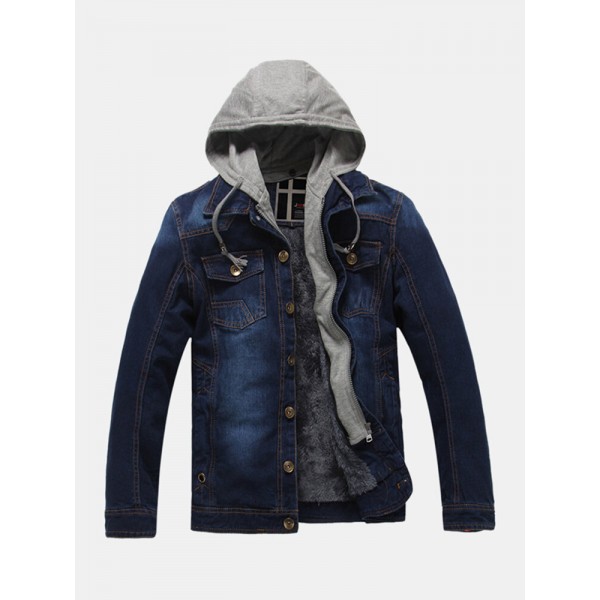 Mens Cotton Washed Warm Fleece Lined Hooded Denim Jacket 