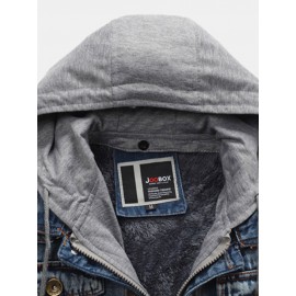 Mens Cotton Washed Warm Fleece Lined Hooded Denim Jacket