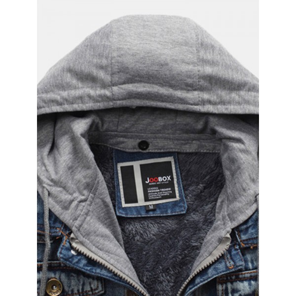 Mens Cotton Washed Warm Fleece Lined Hooded Denim Jacket 