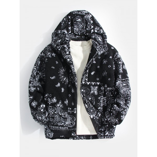 Mens Baroque Print Warm Sherpa Ethnic Style Hooded Jacket With Pocket 