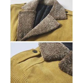 Mens Vintage Corduroy Solid Color Thicken Fleece Lapel Casual Warm Jacket