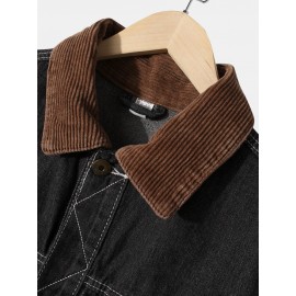 Mens Label Pattern Patchwork Lapel Long Sleeve Black Denim Jacket