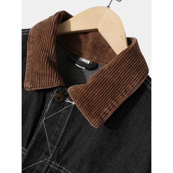 Mens Label Pattern Patchwork Lapel Long Sleeve Black Denim Jacket 