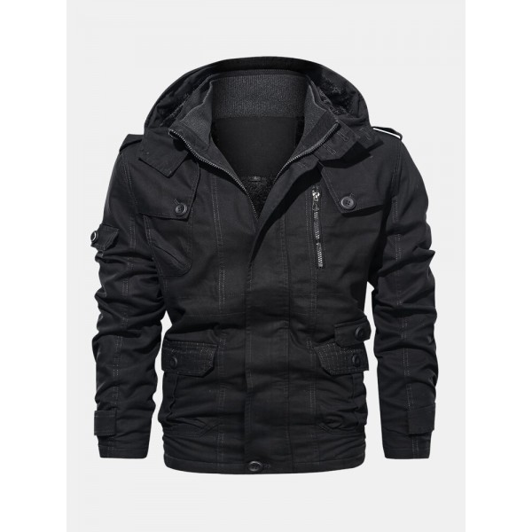 Mens Cotton Zipper Through Pocket Thick Hooded Jackets 