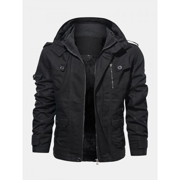 Mens Cotton Zipper Through Pocket Thick Hooded Jackets 