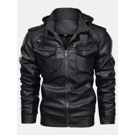 Mens Vintage Zipper PU Leather Drawstring Hooded Jacket With Pocket