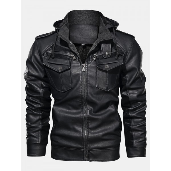 Mens Vintage Zipper PU Leather Drawstring Hooded Jacket With Pocket 