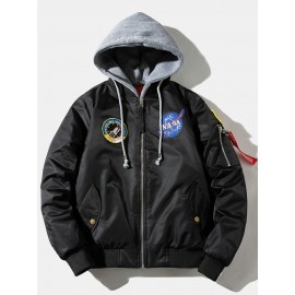 Mens Graphics Applique Warm Lined Detachable Hooded Bomber Jacket