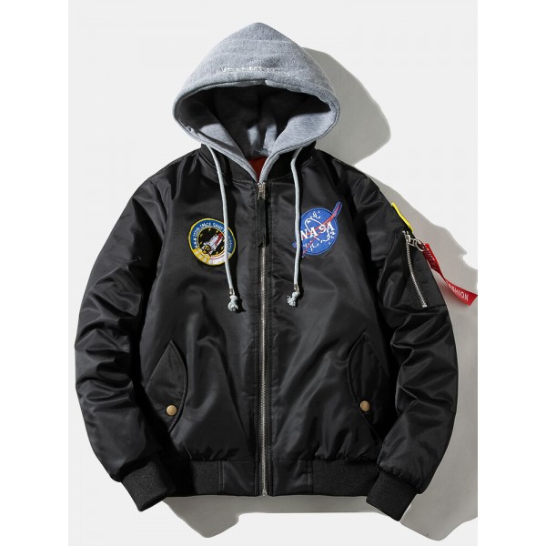 Mens Graphics Applique Warm Lined Detachable Hooded Bomber Jacket 