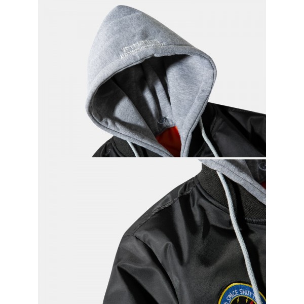 Mens Graphics Applique Warm Lined Detachable Hooded Bomber Jacket 