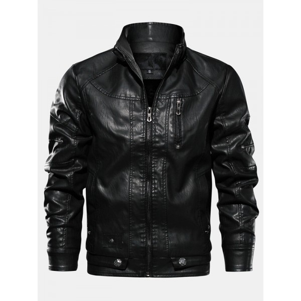 Mens Zipper Pocket Stand Collar PU Leather Motorcycle Jacket 