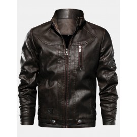 Mens Zipper Pocket Stand Collar PU Leather Motorcycle Jacket